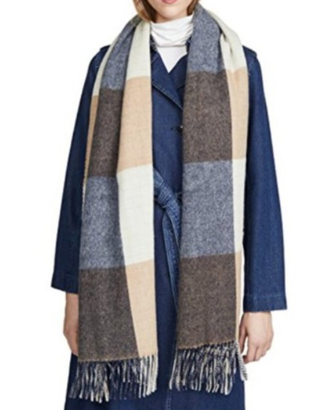 Club Monaco Neutral Reversible Wool Fringe Scarf in Cream, Tan And Blue